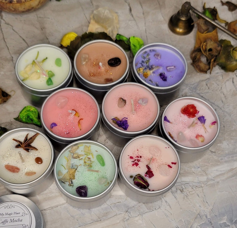 Intention Candle Mini Soy Crystal Candle 2oz with Flowers – Hand Poured Aromatherapy Gift & Meditation Decor Sample