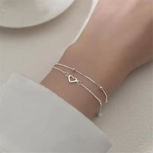 Round Bead Hollow Love Bracelet Heart Hand Decorated Double Design Sweet 925 Silver Plated Chain Bracelet for Women Girls Gifts